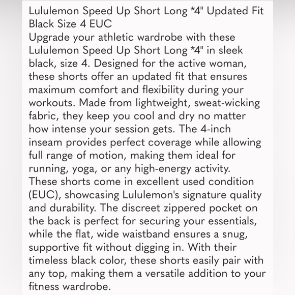 Lululemon Speed Up Short Long *4" Updated Fit Black Size 4 - Picture 4 of 4